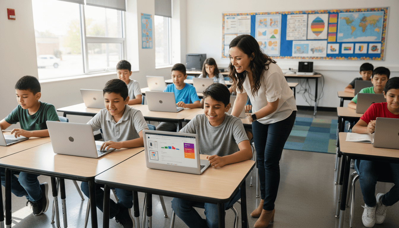 Students working on Chromebooks in a bright elementary school classroom