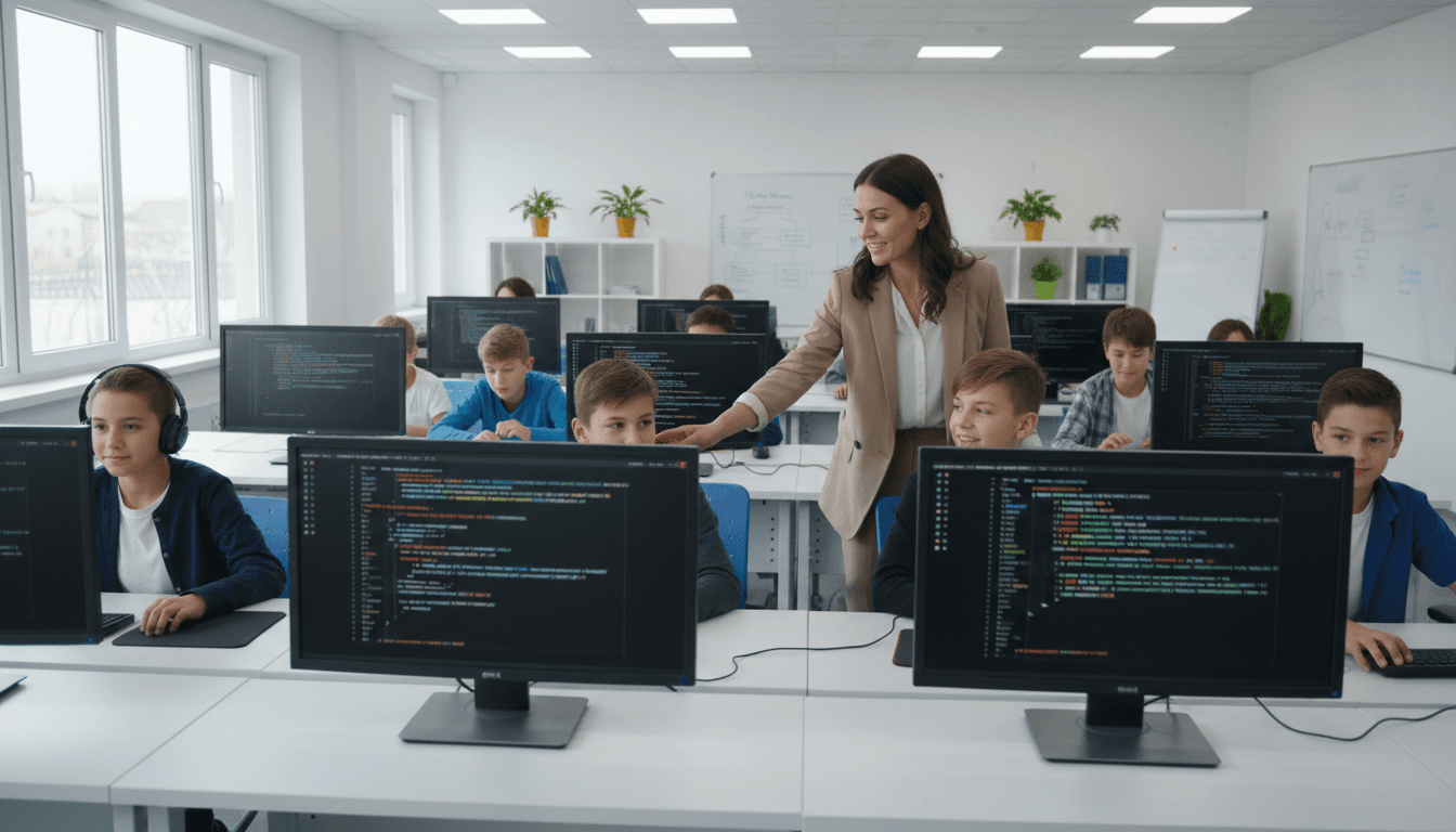 Students working on coding projects on laptops in a bright computer science classroom