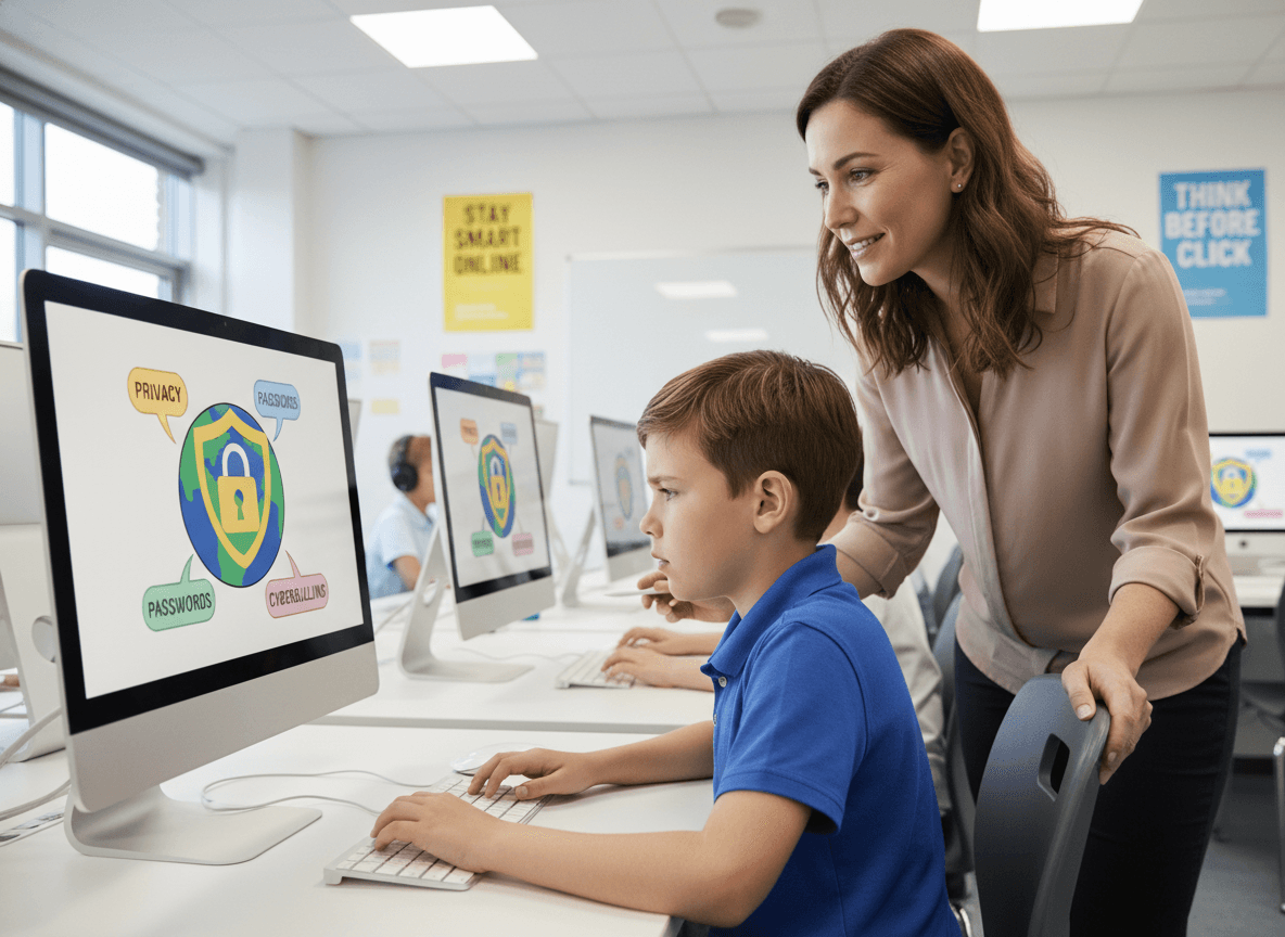 Parent and student reviewing online safety tips at a kitchen table