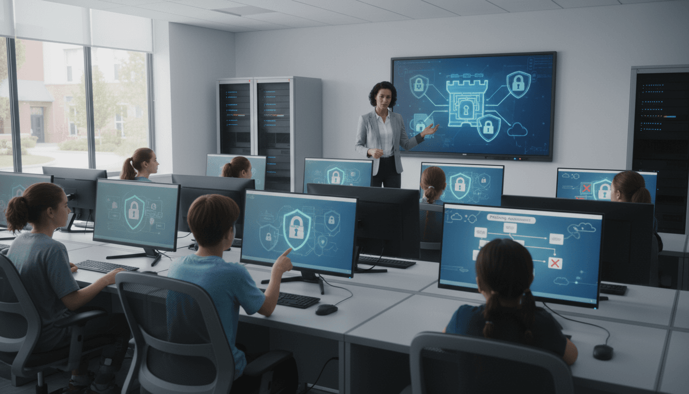 School IT coordinator reviewing security settings on a computer in a server room