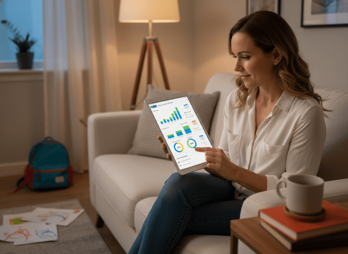 Teacher explaining data dashboard reports to a parent during a school conference