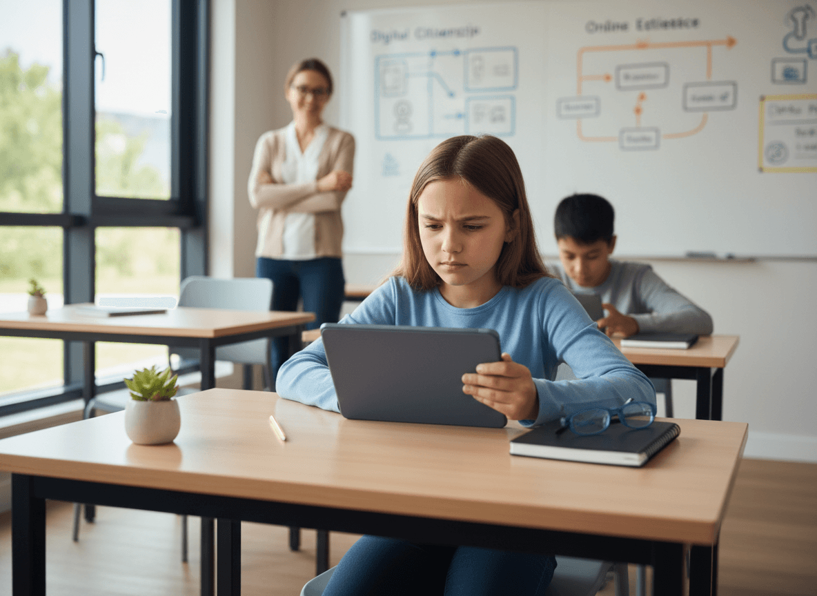 Parent and child having a conversation about online safety at a kitchen table