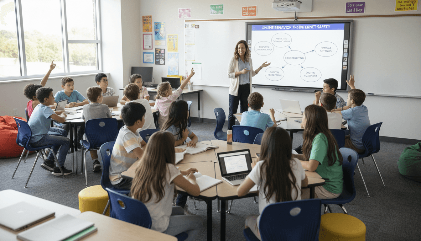 Students in a digital citizenship lesson watching online safety content on a classroom screen