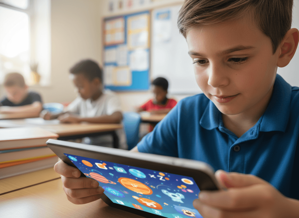 Student using an educational app on a tablet in a classroom setting