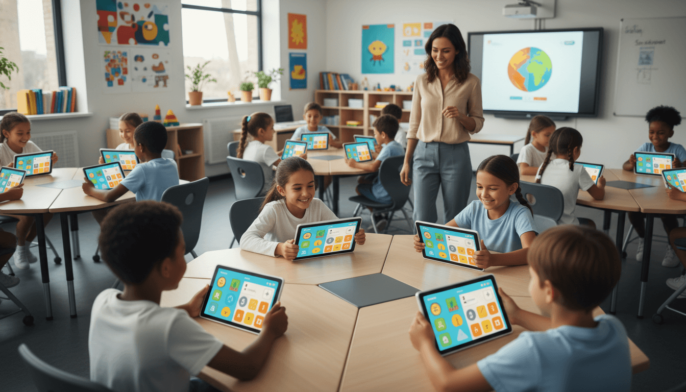 Teacher demonstrating a new educational app to parents at a school curriculum night
