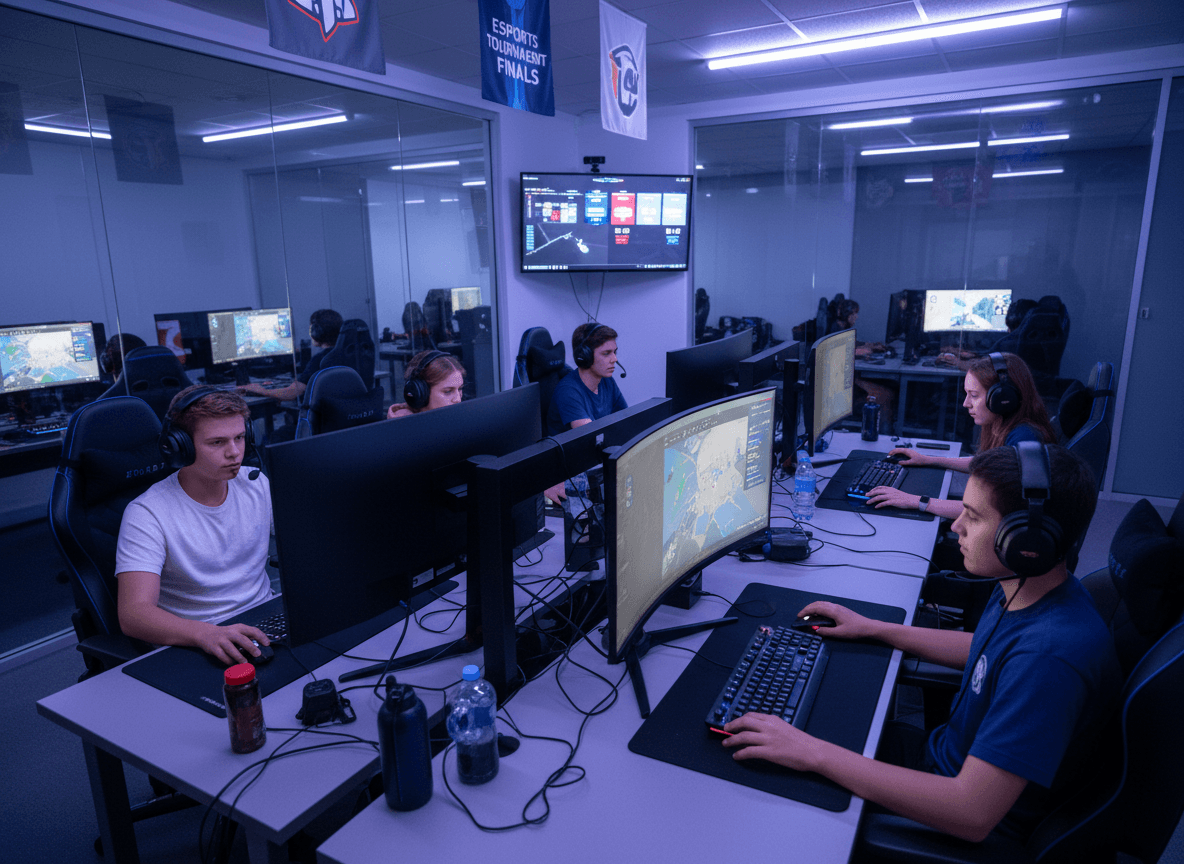 Coach reviewing strategy with esports team members during a practice session