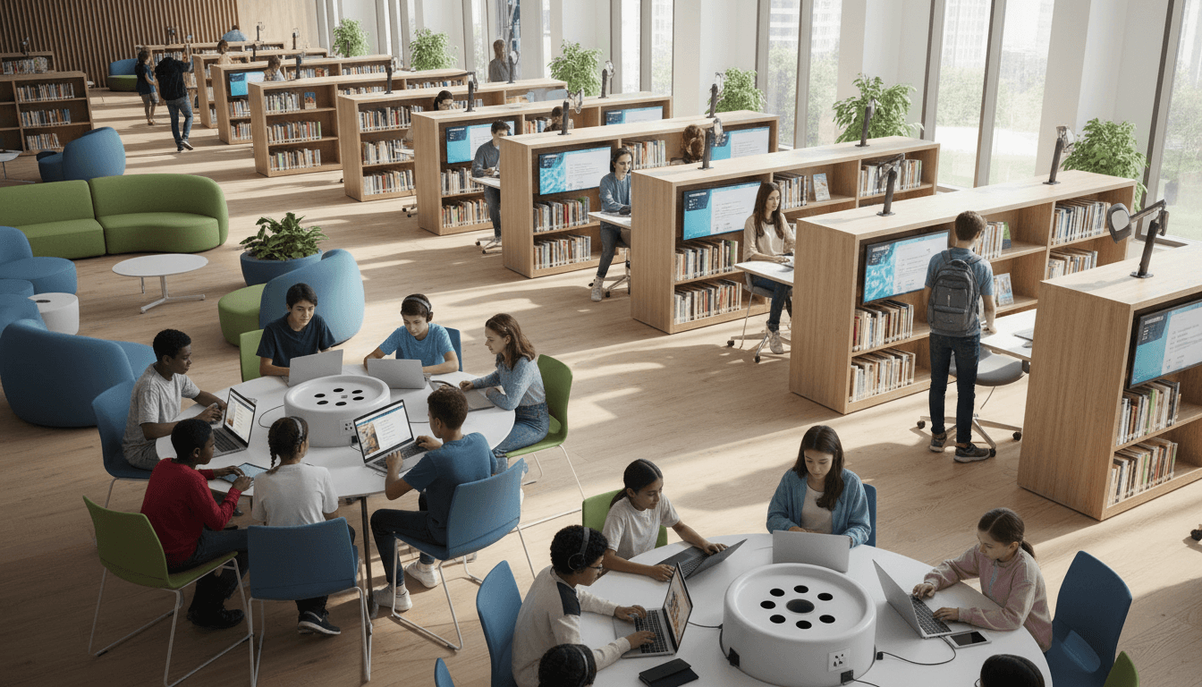 Student browsing ebooks on a tablet in a school library with a librarian nearby