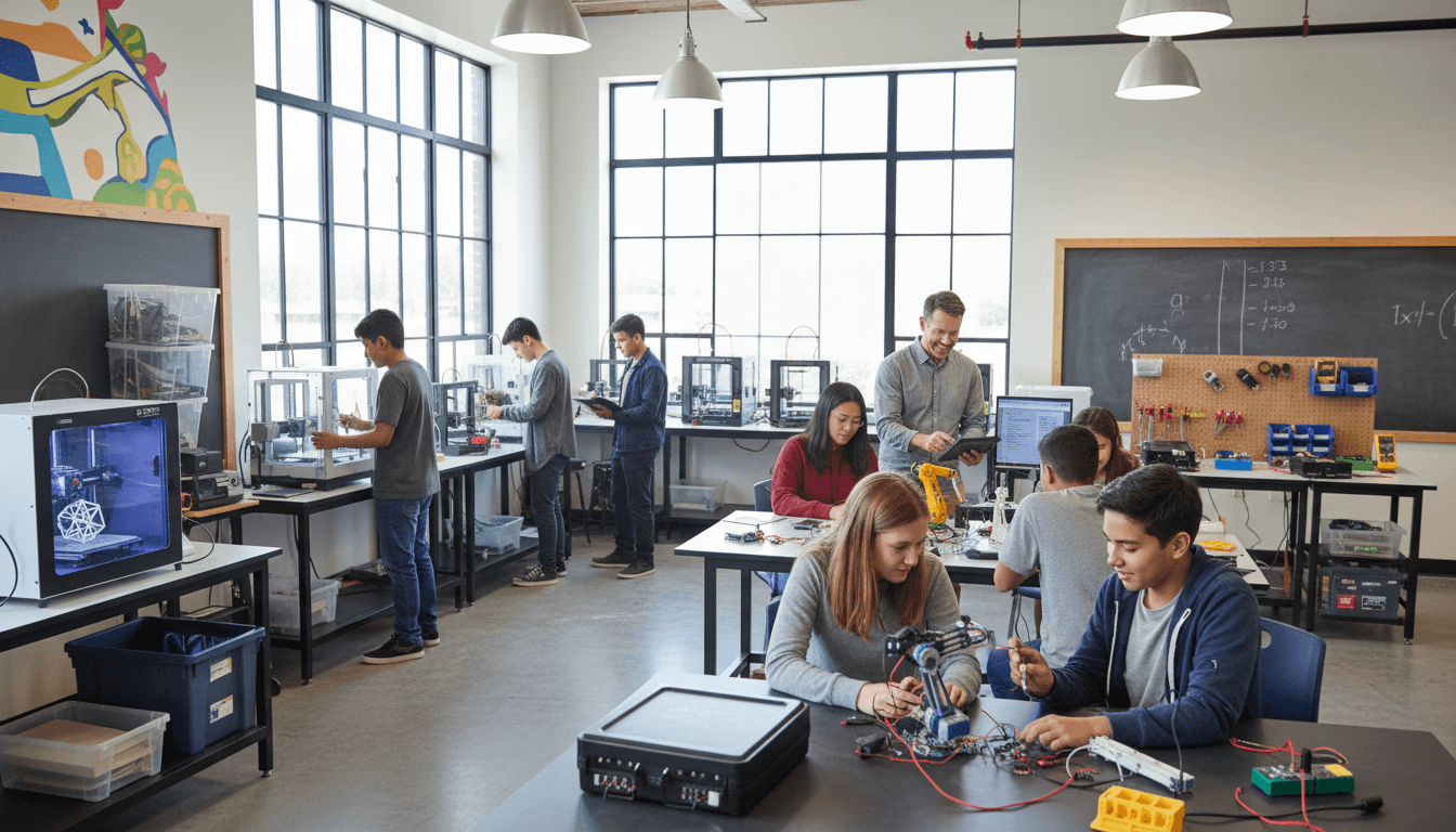 Students working on a design project with 3D printers and robotics kits in a school makerspace
