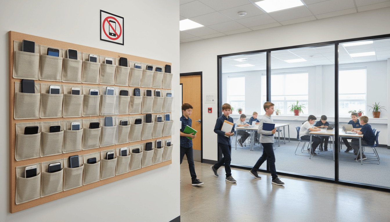 Students placing phones in Yondr pouches at the beginning of the school day