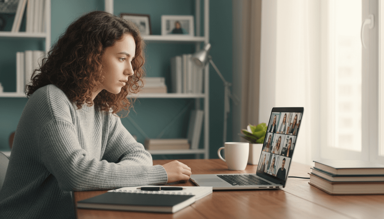 Student attending a remote school day on a laptop at home during a snow day