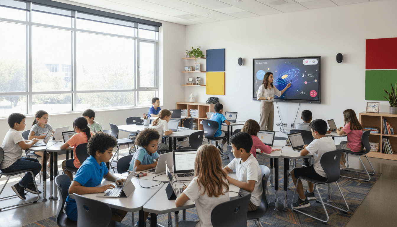 Teacher reviewing a school technology newsletter on a laptop in a modern classroom