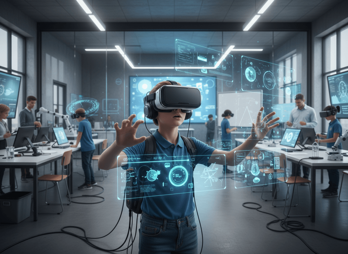 Teacher guiding students through a VR experience in a school lab setting