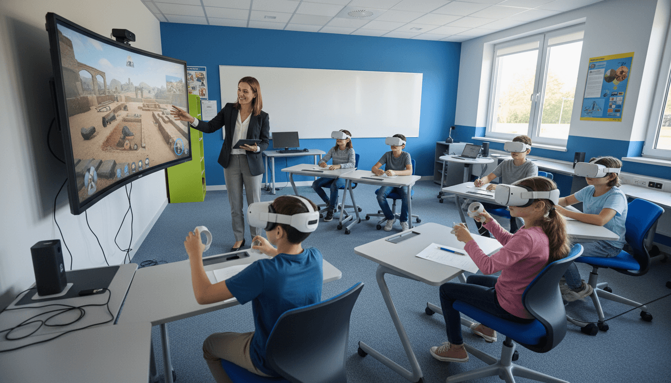 Student wearing a VR headset during a virtual field trip in a middle school classroom