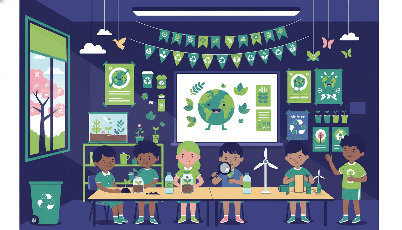Teacher writing an April classroom newsletter with Earth Day decorations, spring flowers, and a testing calendar on the desk