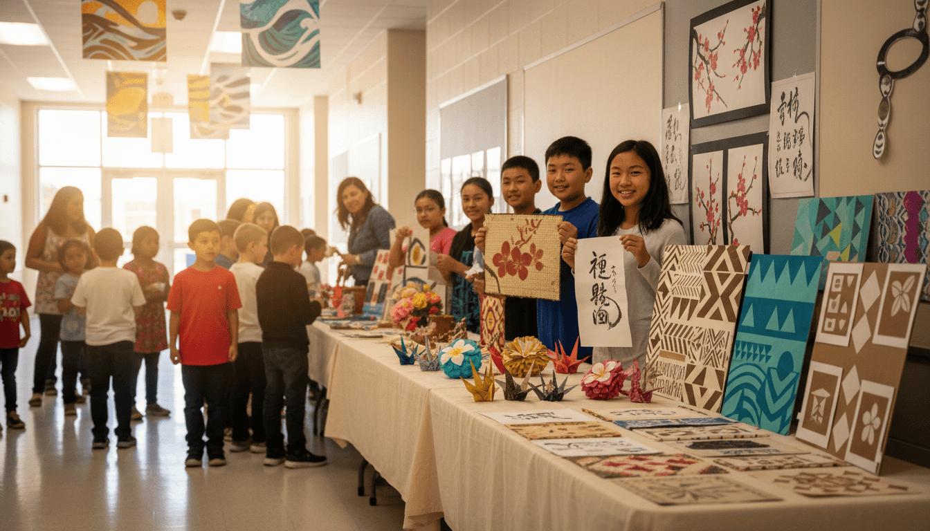 Classroom wall displaying student projects celebrating Asian Pacific American Heritage Month with flags and cultural artwork