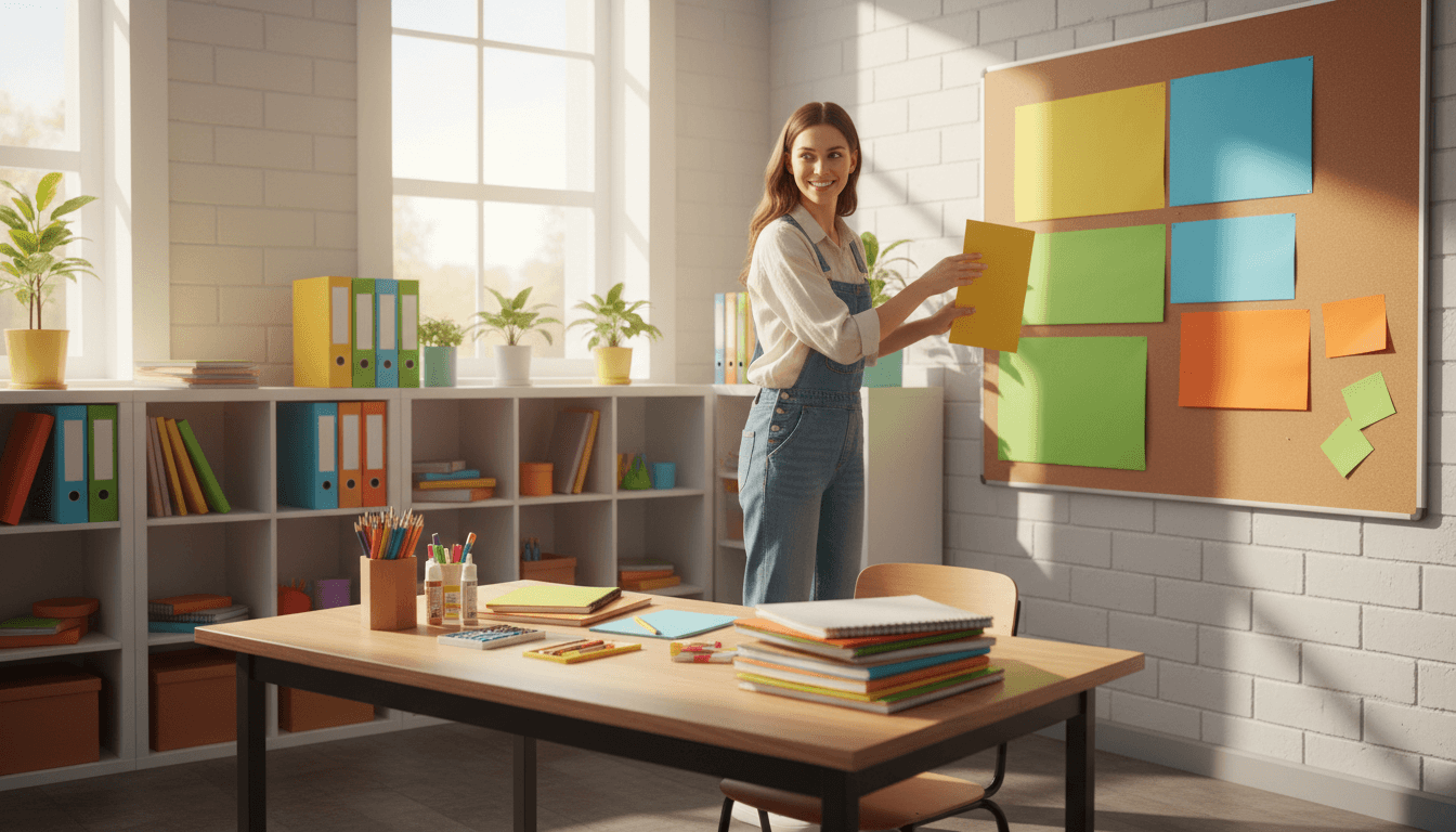 Teacher organizing classroom supplies in August with a bright window and a new school year calendar on the wall