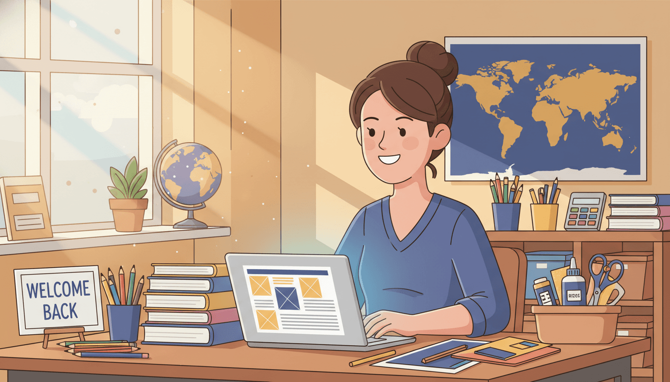 Teacher at a desk writing a back-to-school newsletter on a laptop, with school supplies and a first-day calendar nearby
