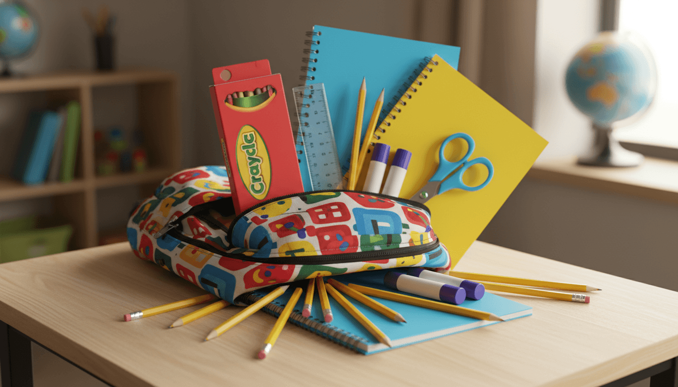 Organized classroom with labeled supply stations showing pencils, notebooks, folders, and art materials ready for students