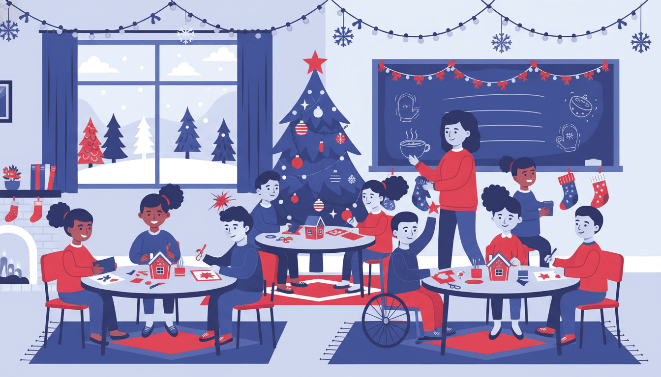 Teacher writing a December classroom newsletter with winter decorations and a holiday calendar on the desk