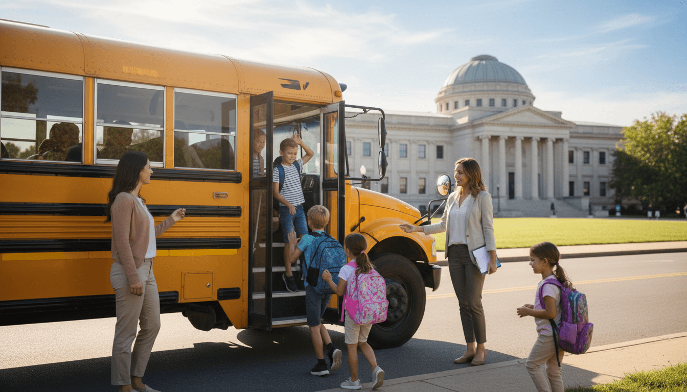 Students boarding a school bus for a field trip with backpacks and lunch bags while a teacher checks names on a clipboard