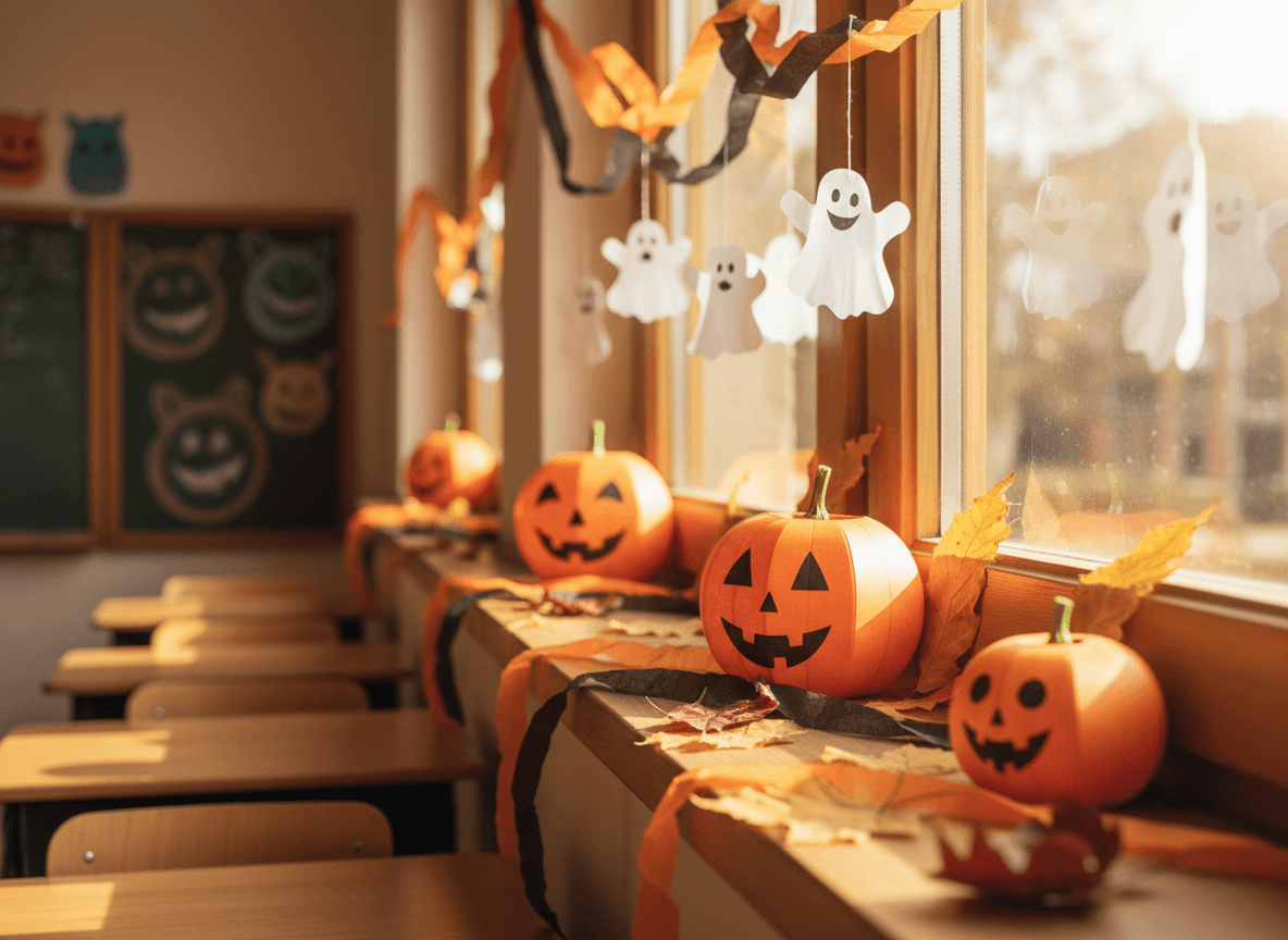 Teacher distributing Halloween party information to students in a decorated classroom in late October