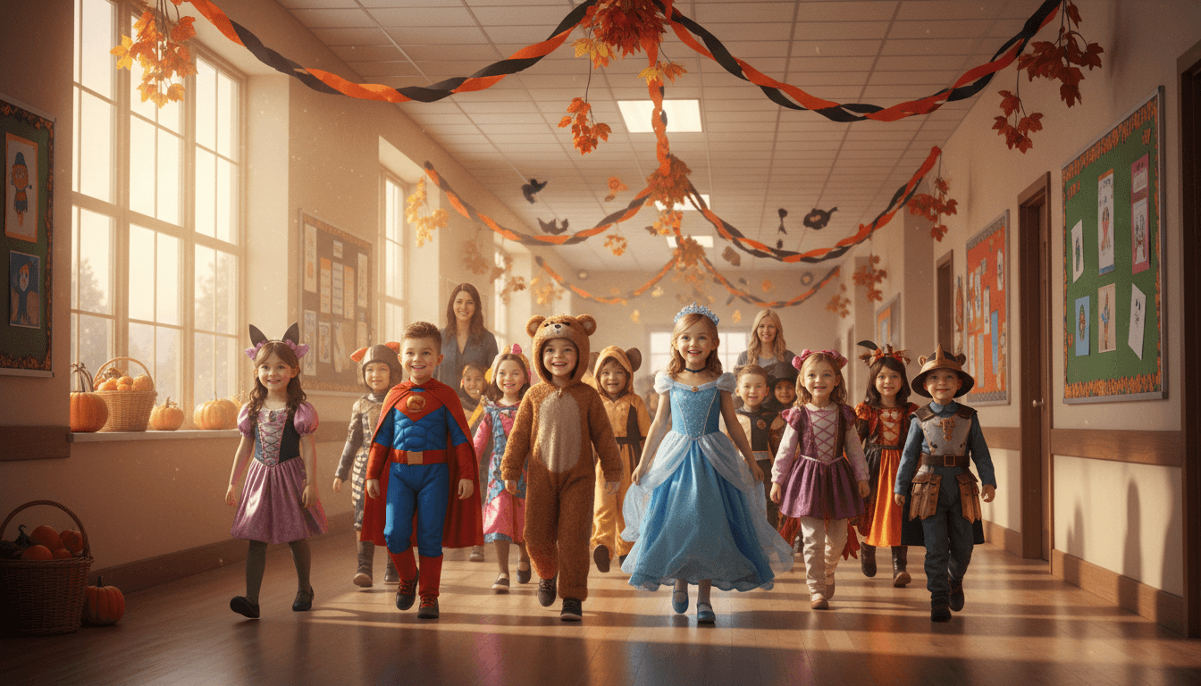 Elementary school hallway decorated for fall harvest with pumpkins and orange and black streamers for a classroom party