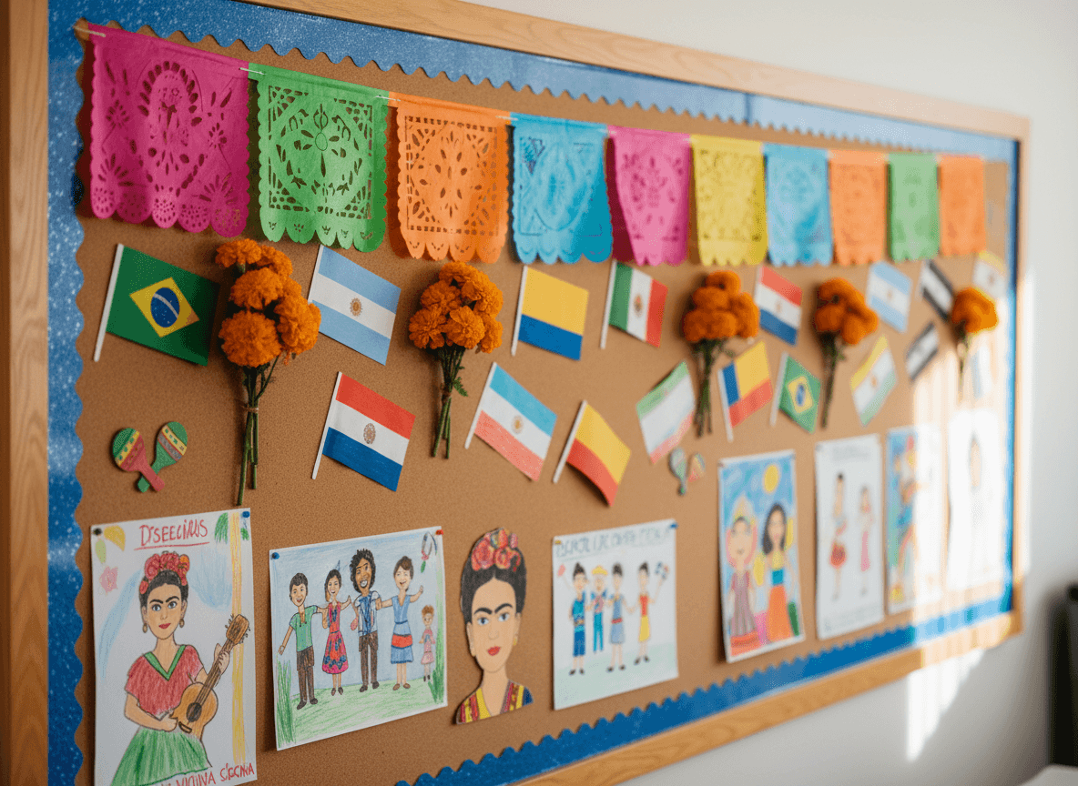 Teacher and students looking at a newsletter together during a Hispanic Heritage Month classroom activity