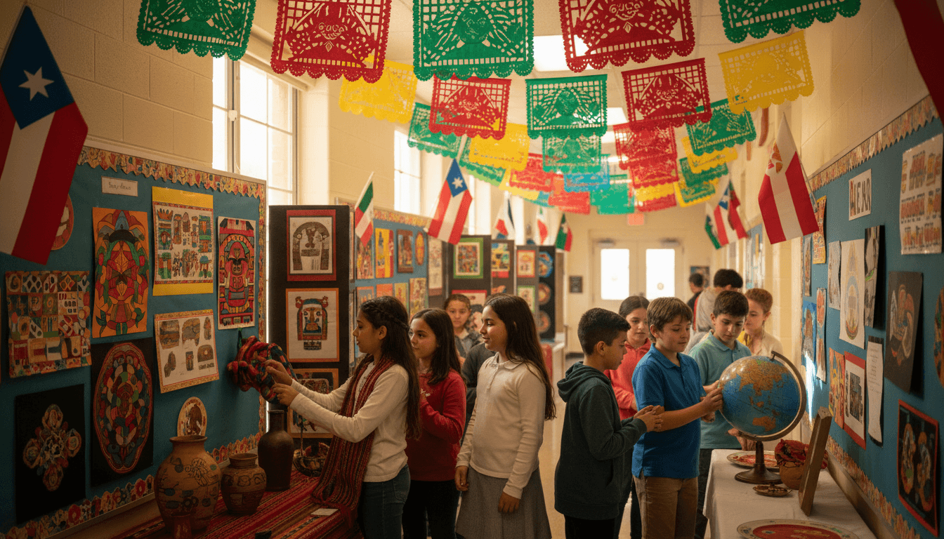 Classroom bulletin board with colorful displays celebrating Hispanic Heritage Month with student artwork and cultural flags