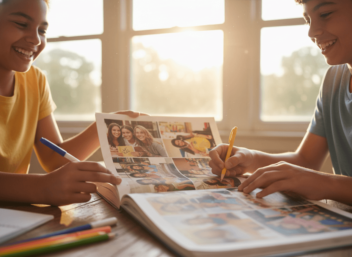 Teacher handing out last-day newsletters to students lined up for summer send-off