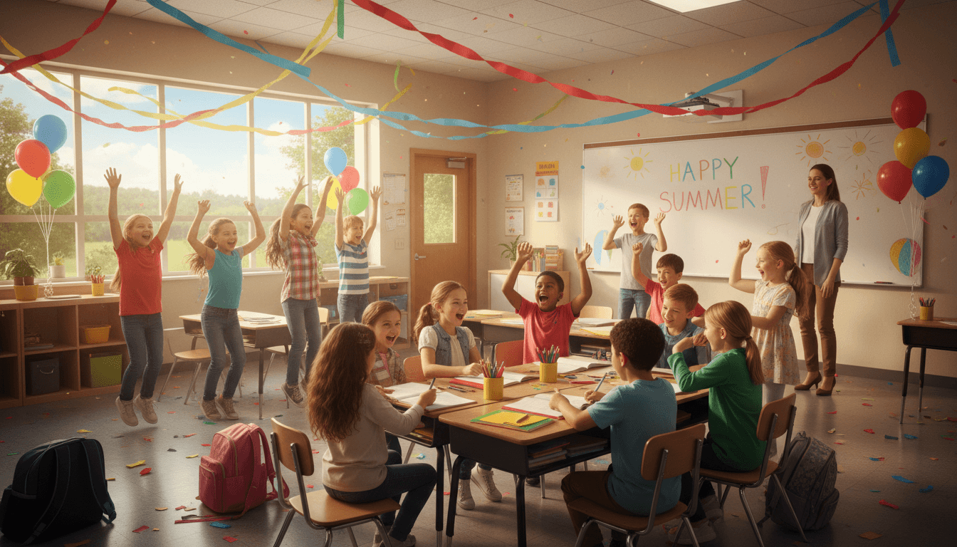 Classroom decorated for the last day of school with streamers and student artwork celebrating the end of the year