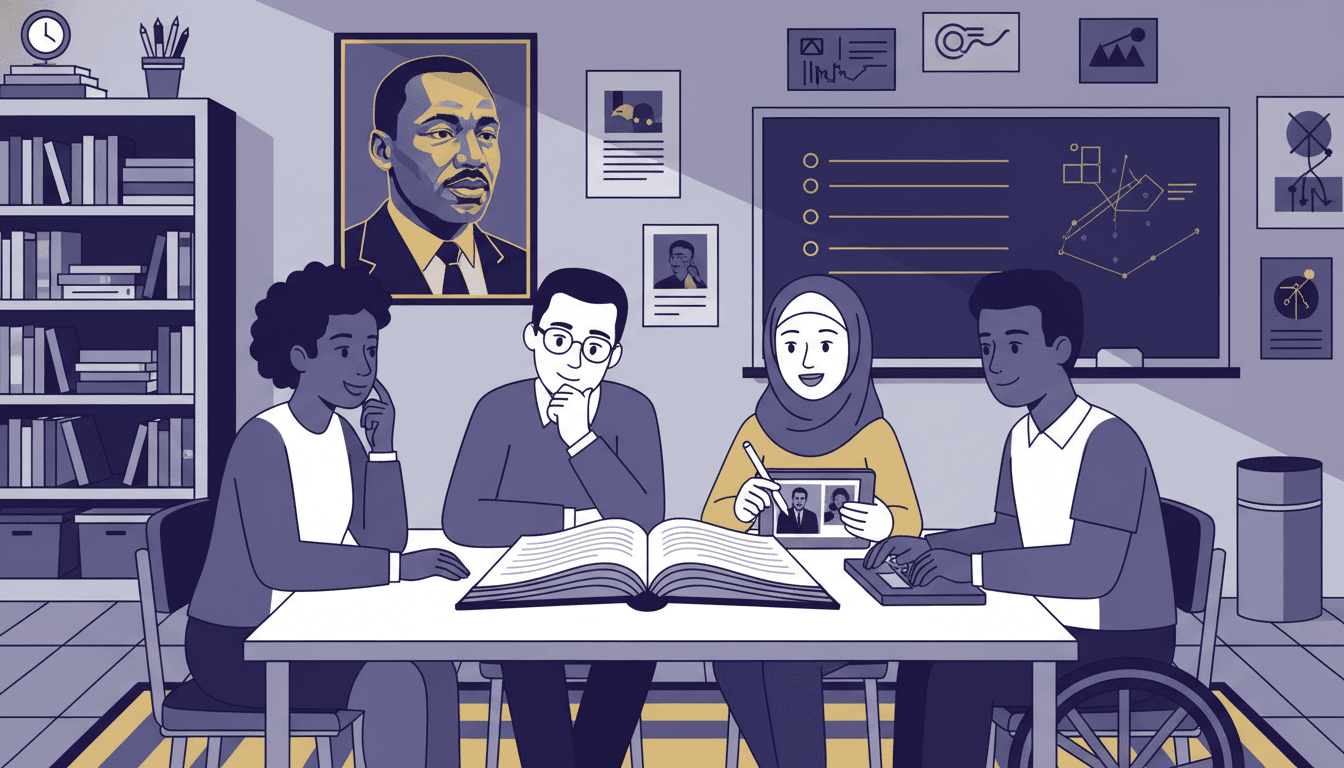 Teacher at a desk writing a Martin Luther King Jr. Day classroom newsletter with civil rights books and a January calendar