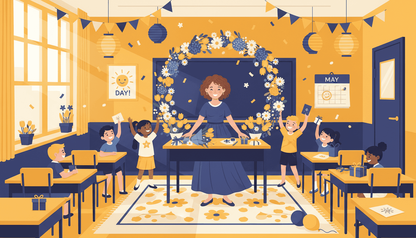 Teacher at a desk writing a May newsletter with spring flowers, appreciation cards, and an end-of-year countdown calendar
