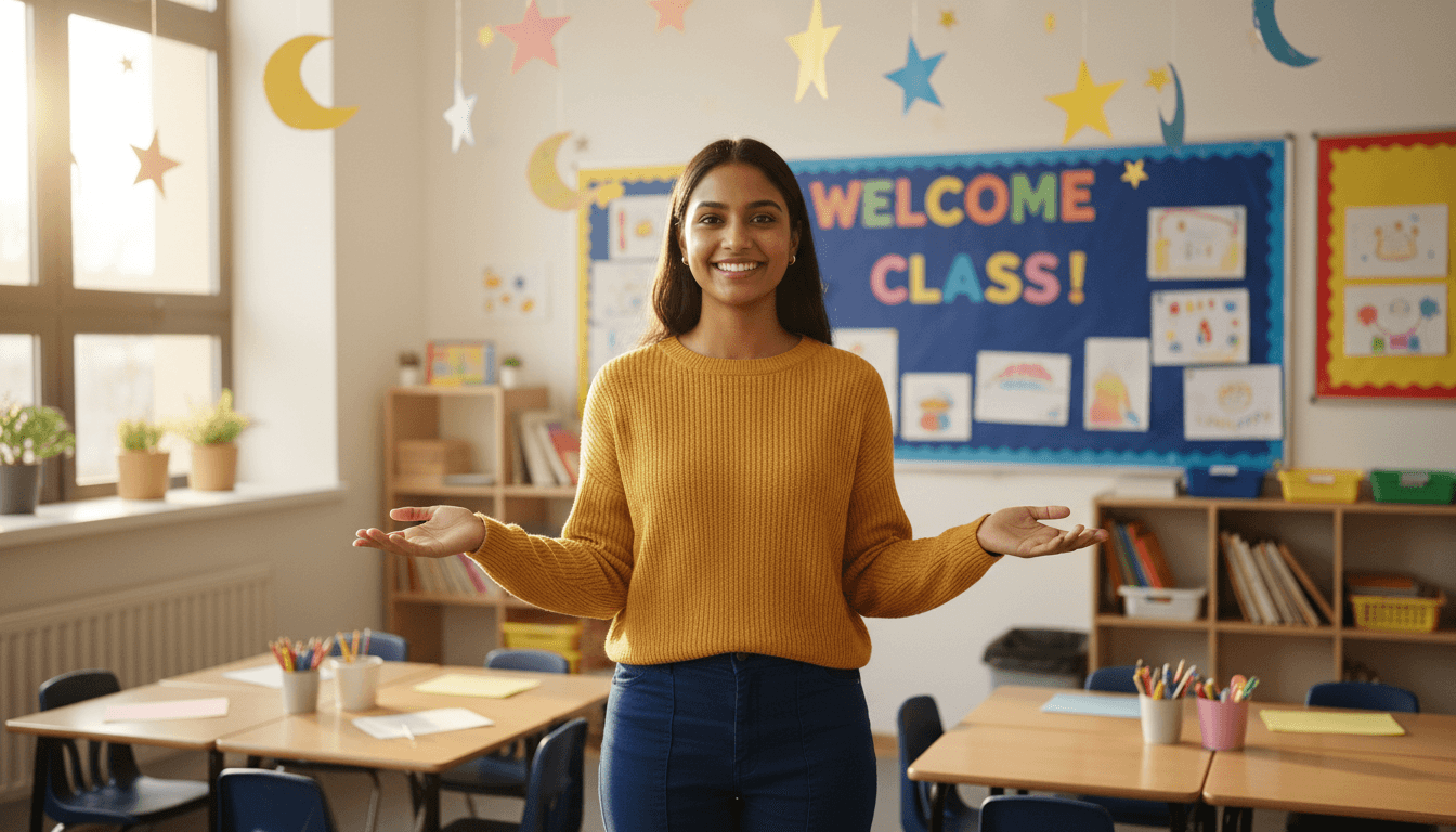 New teacher standing in a freshly decorated classroom ready to welcome students on the first day of school