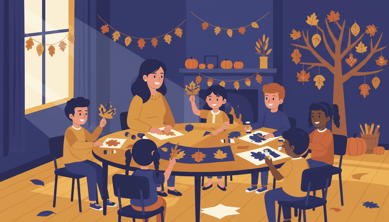 Teacher writing a November classroom newsletter with autumn leaves and a gratitude journal on the desk