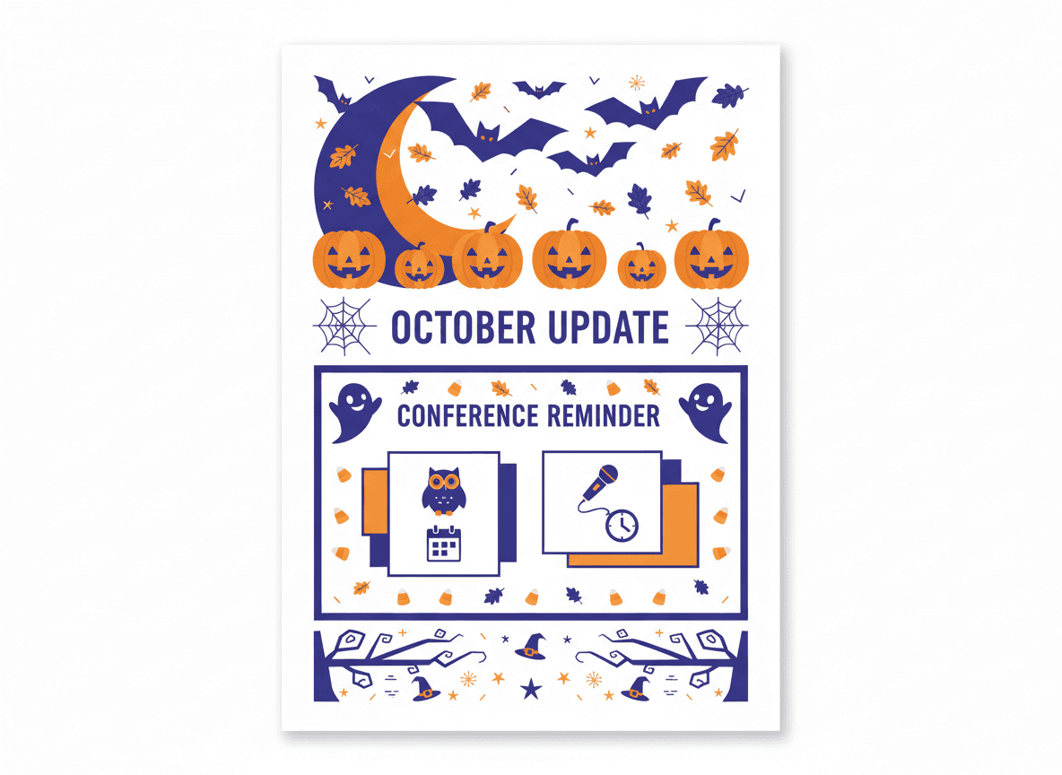 Parent reviewing an October school newsletter on a phone with a Halloween decoration visible in the background