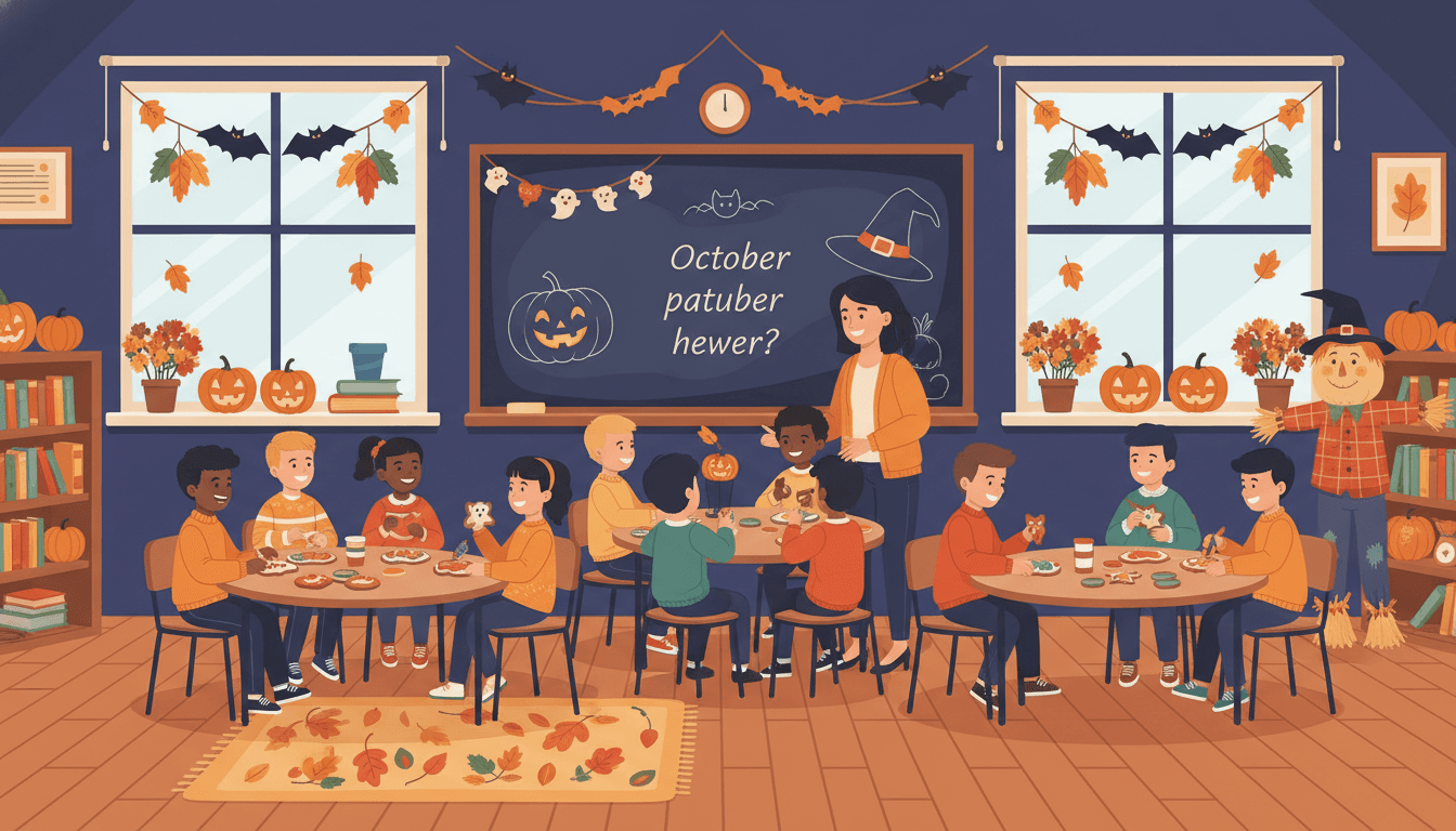 Teacher writing an October classroom newsletter with fall leaves, a pumpkin, and a conference schedule on the desk