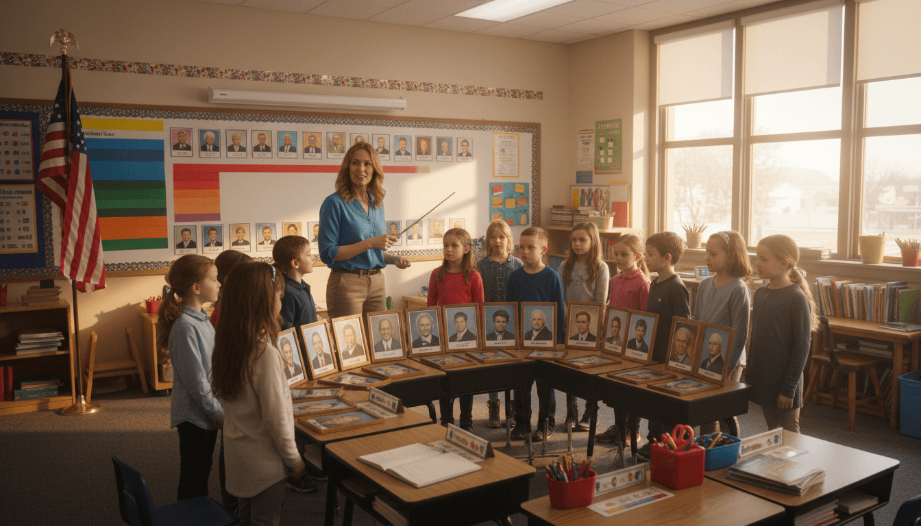 Elementary classroom with a Presidents Day display featuring portraits of U.S. presidents and student research projects
