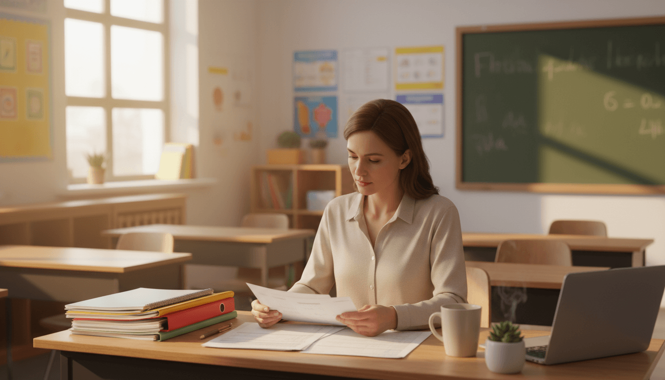 Teacher reviewing student progress reports at a desk with a laptop and student folders organized nearby