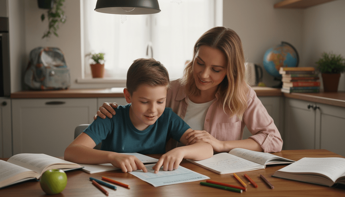 Teacher carefully reviewing printed report cards at a desk before sending them home to families