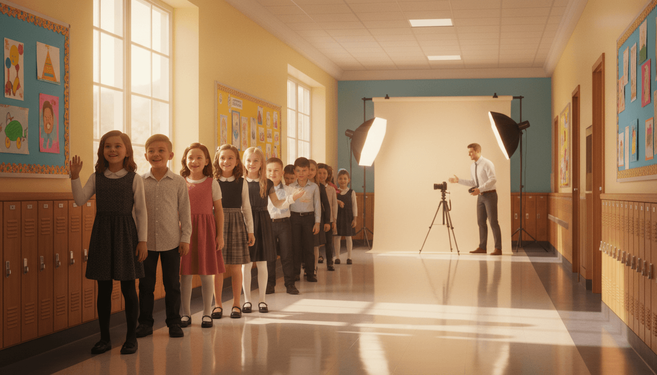 Elementary students lined up in a school hallway in their best outfits on school photo day with a backdrop visible at the end of the hall