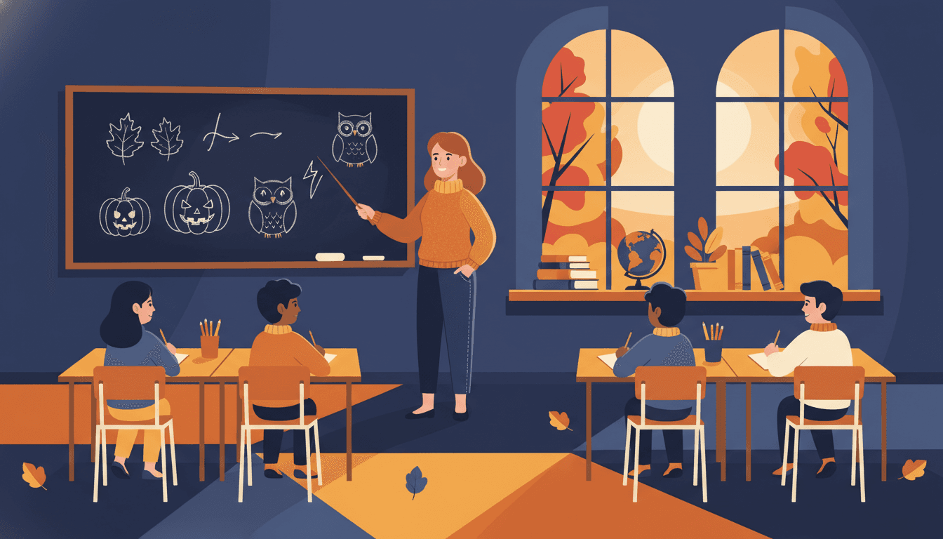 Teacher writing a September classroom newsletter at a desk covered with autumn leaves and a back-to-school calendar