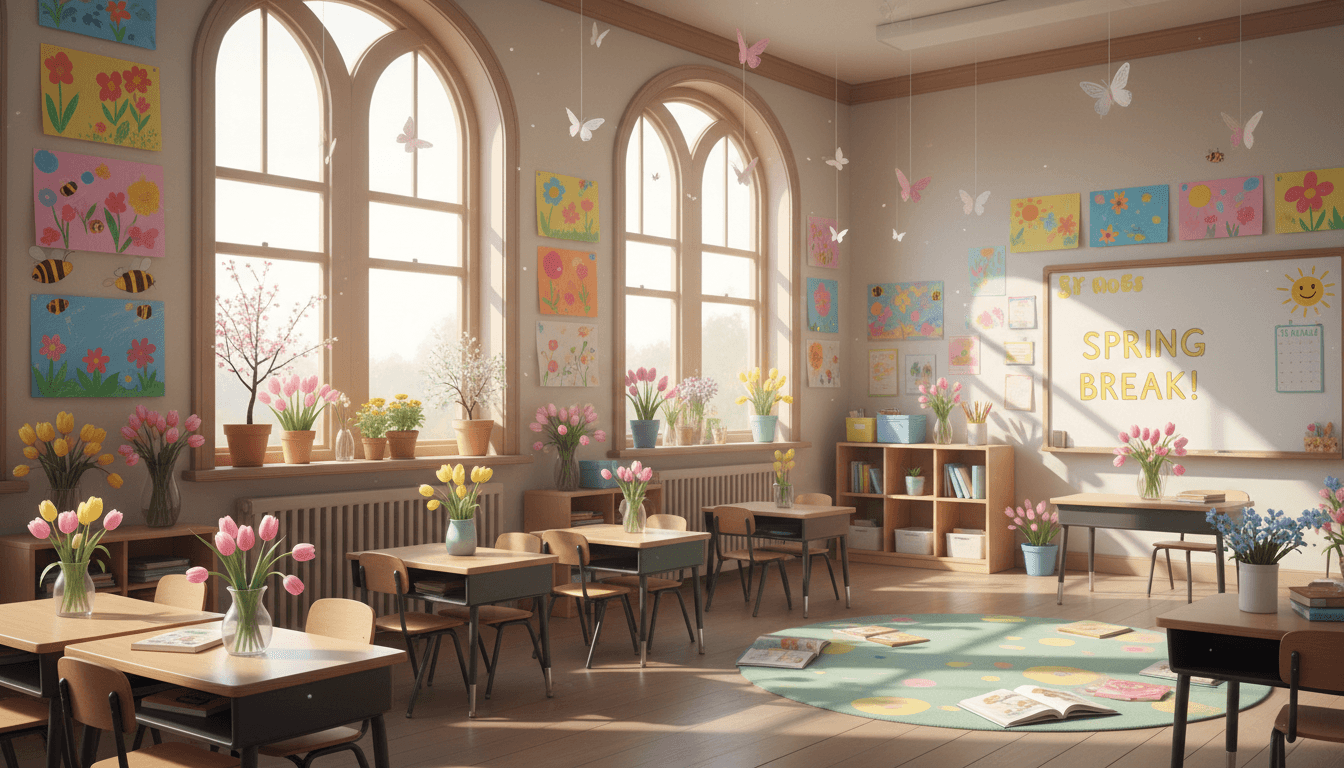 Cheerful classroom with spring decorations and an open window showing blooming trees outside during the pre-spring break week