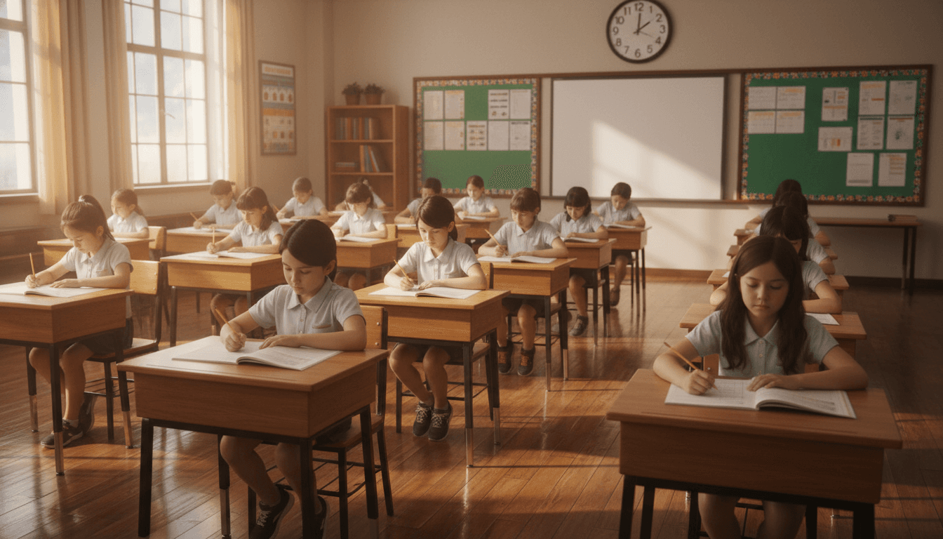 Elementary students sitting at desks with sharpened pencils prepared for a standardized test in a calm classroom