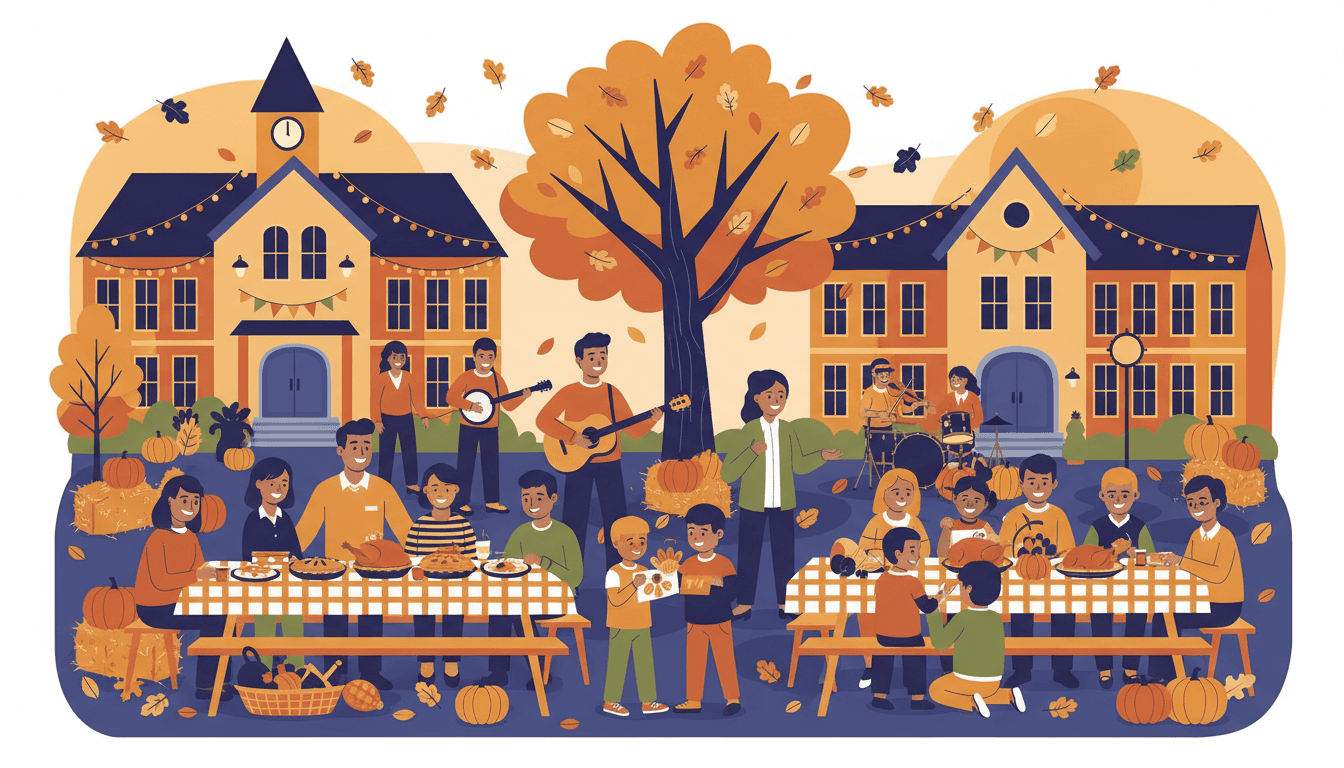 Teacher writing a Thanksgiving school newsletter with autumn leaves, a gratitude journal, and turkey-themed classroom decorations