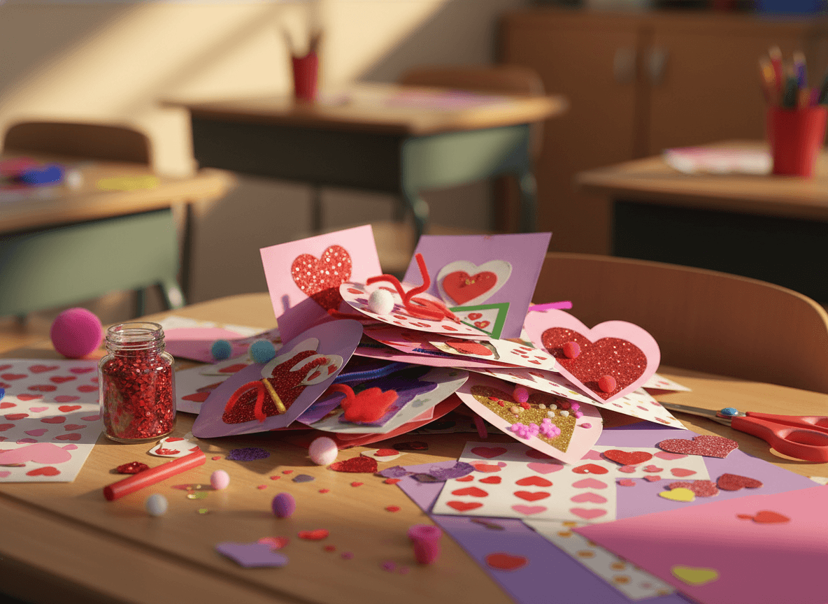 Children exchanging handmade Valentine's Day cards during a classroom party with a teacher overseeing the activity