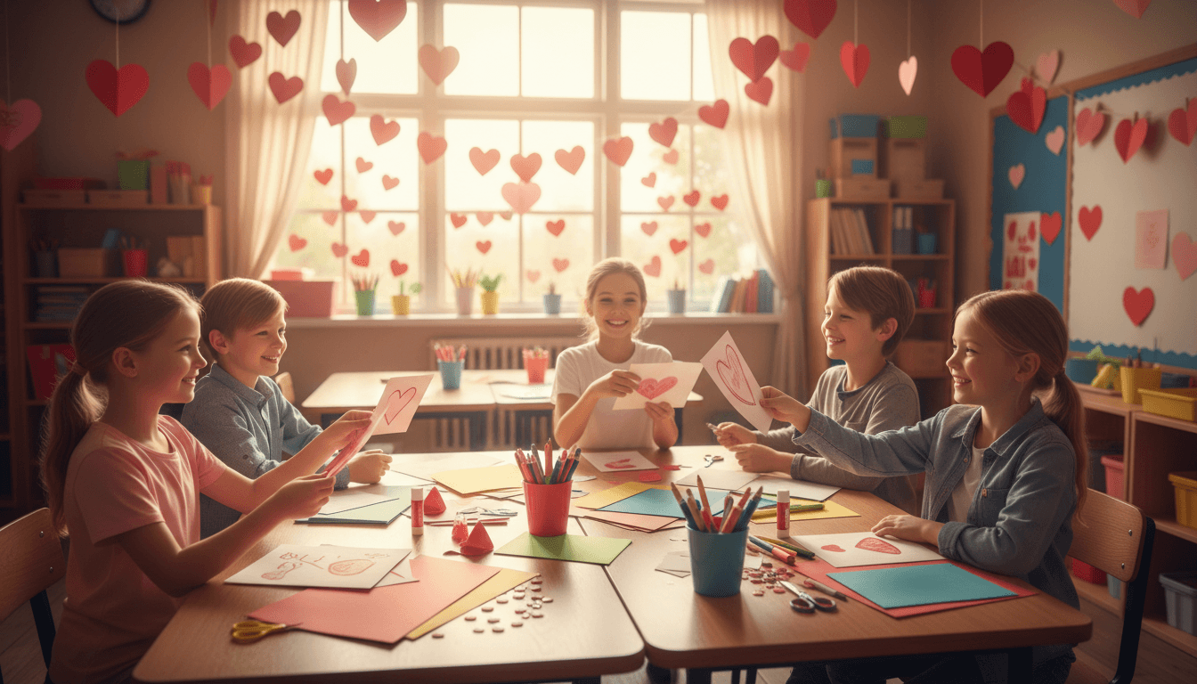 Elementary classroom decorated with paper hearts and student-made Valentine's Day cards on desks