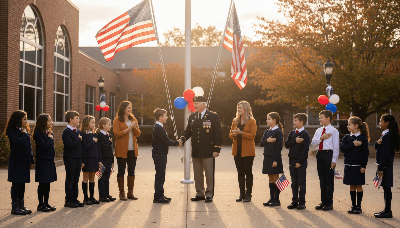 School classroom with Veterans Day flags and student-made thank-you cards displayed on a bulletin board