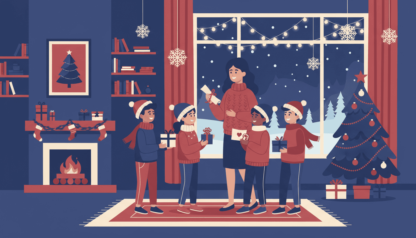 Teacher writing a winter break newsletter with holiday decorations, a winter calendar, and a snowflake-themed classroom backdrop