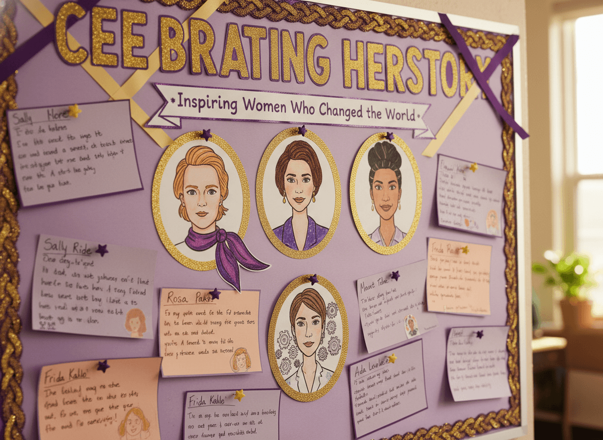 Students working on Women's History Month projects while a teacher reads a newsletter about upcoming activities