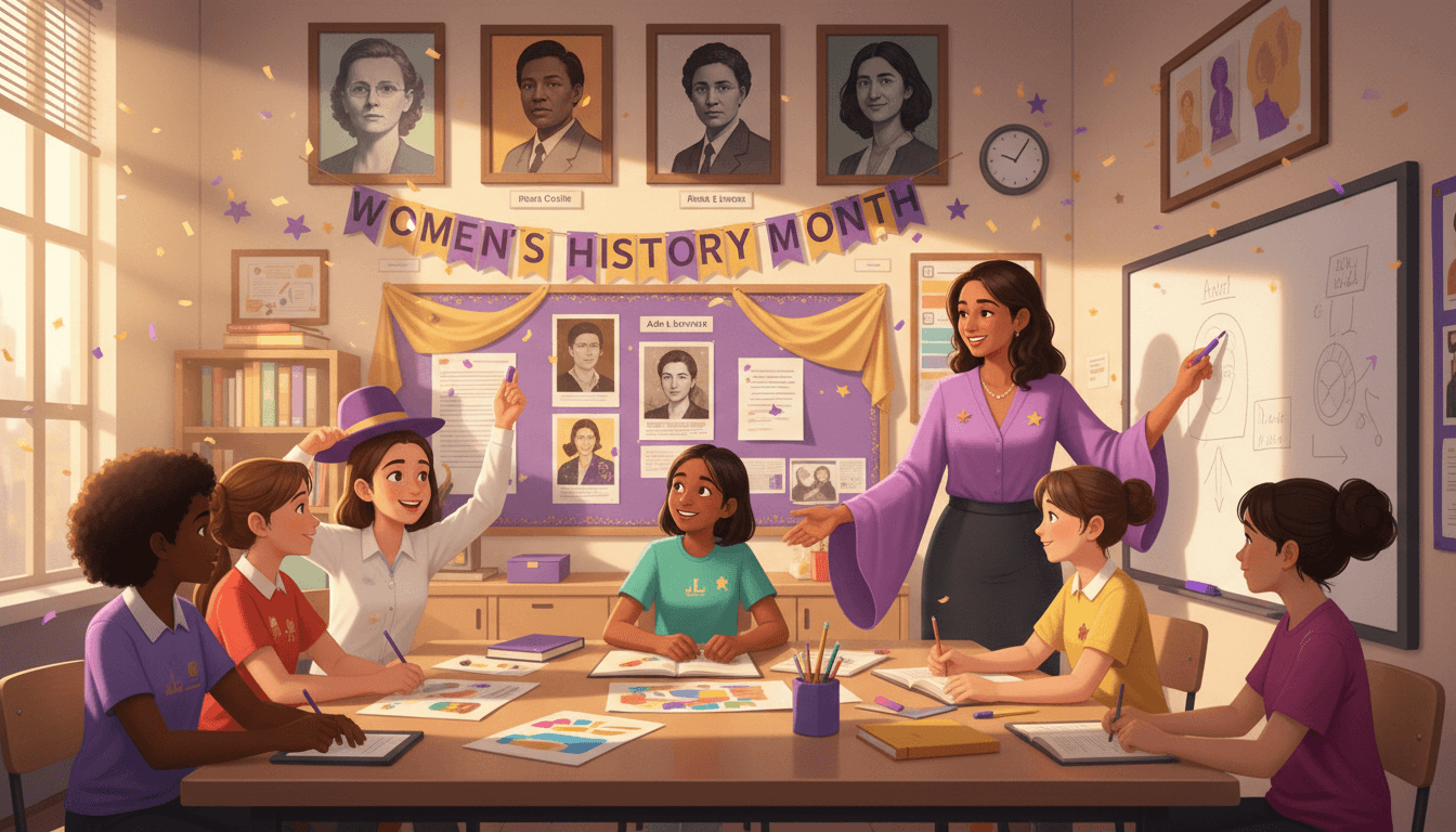 Classroom display celebrating Women's History Month with portraits of historical and contemporary women leaders